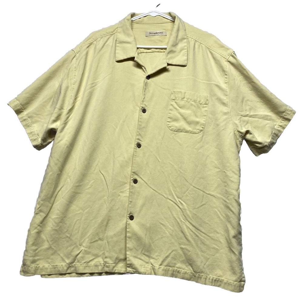 Tommy Bahama Camp Shirt Mens 3XL Yellow Silk Classic Fit Slit Travel Outdoor